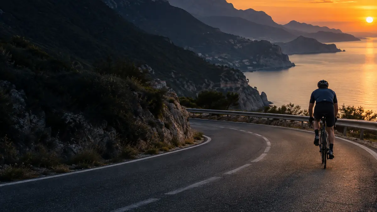 A cyclist on a winding coastal mountain road at sunset.