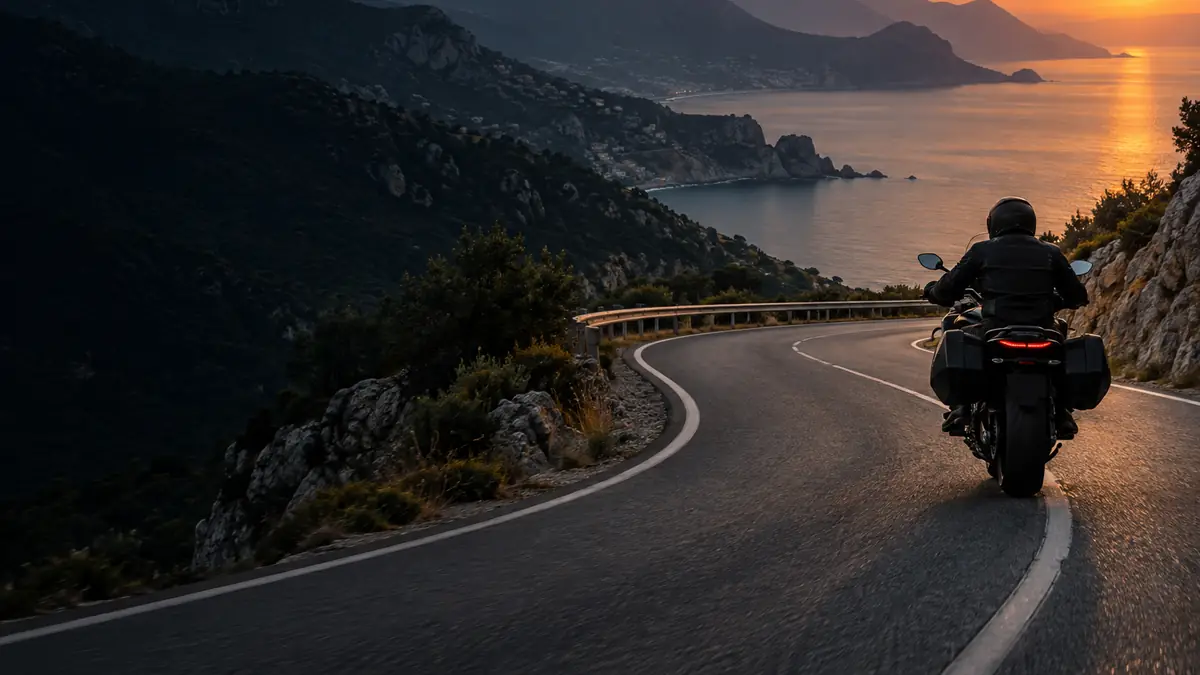 A helmeted motorcyclist on a winding coastal mountain road at sunset.